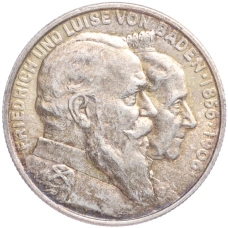 Монета 2 марки 1906 года  Германия (Баден) «50 лет свадьбе Фридриха I и Луизы Прусской» (аверс)