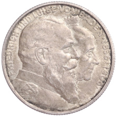 Монета 2 марки 1906 года  Германия (Баден) «50 лет свадьбе Фридриха I и Луизы Прусской» (аверс)