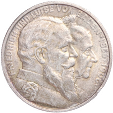 Монета 2 марки 1906 года  Германия (Баден) «50 лет свадьбе Фридриха I и Луизы Прусской» (аверс)
