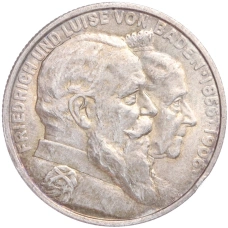 Монета 2 марки 1906 года  Германия (Баден) «50 лет свадьбе Фридриха I и Луизы Прусской» (аверс)
