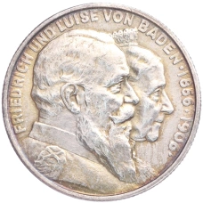 Монета 2 марки 1906 года  Германия (Баден) «50 лет свадьбе Фридриха I и Луизы Прусской» (аверс)