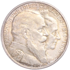 Монета 2 марки 1906 года  Германия (Баден) «50 лет свадьбе Фридриха I и Луизы Прусской» (аверс)