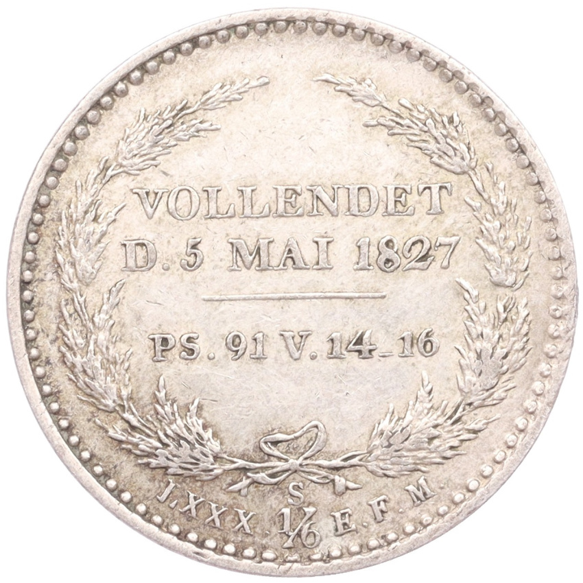 Монета 1/6 талера 1827 года Саксония «Смерть Короля Фридриха Августа I» (вид 2)