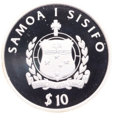 Монета 10 тала 2002 года Самоа и Сизифо «Последний выпуск Испанской песеты» (реверс)