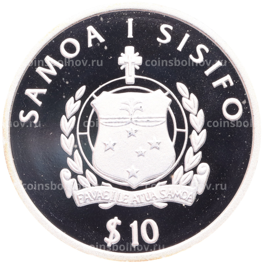 Монета 10 тала 2002 года Самоа и Сизифо «Последний выпуск Испанской песеты» (вид 2)