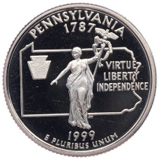 Монета 1/4 доллара (25 центов) 1999 года S США «Штаты и территории — Пенсильвания» (аверс)
