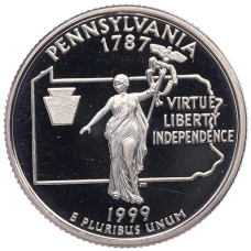 Монета 1/4 доллара (25 центов) 1999 года S США «Штаты и территории — Пенсильвания» (аверс)