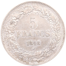 Монета 5 франков 1848 года Бельгия (аверс)