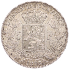 Монета 5 франков 1873 года Бельгия (аверс)