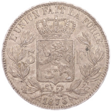 Монета 5 франков 1873 года Бельгия (аверс)