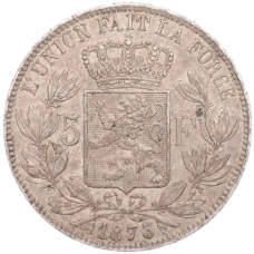 Монета 5 франков 1873 года Бельгия (аверс)