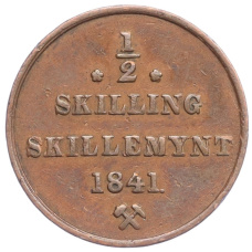 Монета 1/2 скиллинга 1841 года Норвегия (аверс)