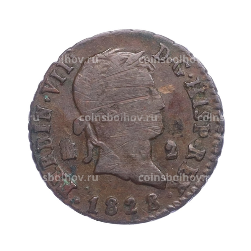 Монета 2 мараведи 1828 года Испания