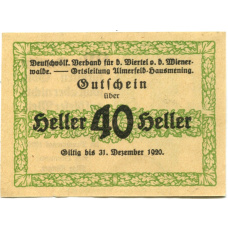 Банкнота 40 геллеров 1920 года Австрия — Ульмерфельд-Хаусменинг (нотгельд) (аверс)