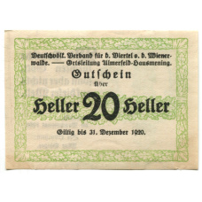 Банкнота 20 геллеров 1920 года Австрия — Ульмерфельд-Хаусменинг (нотгельд) (аверс)