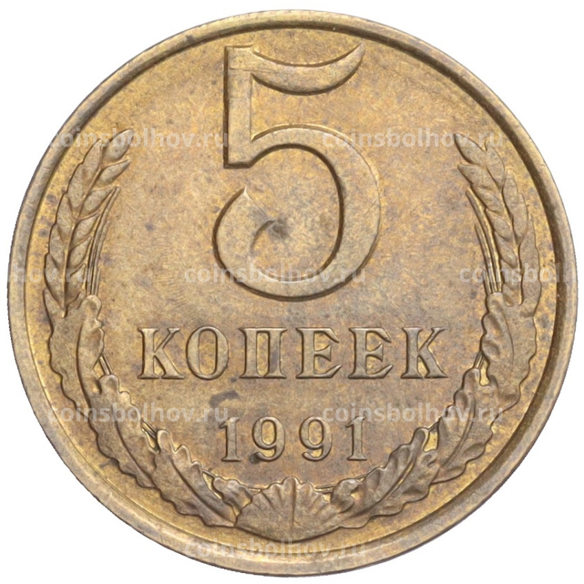 Монета 5 копеек 1991 года Л - Брак (чеканка вне гуртильного кольца)