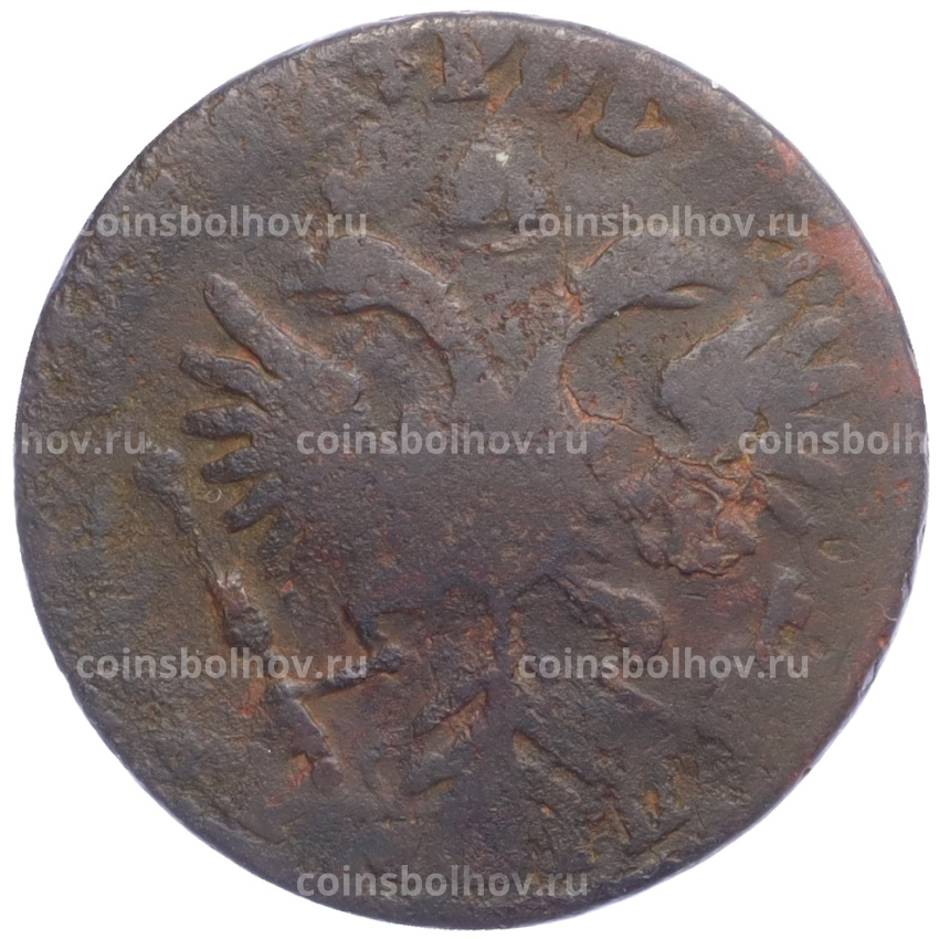 Монета Денга 1731 года Перечекан из 1 копейки Петра I (вид 2)