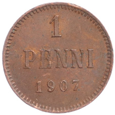 Монета 1 пенни 1907 года Русская Финляндия (аверс)