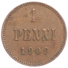 Монета 1 пенни 1909 года Русская Финляндия (аверс)