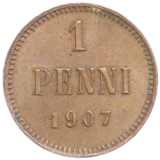 Монета 1 пенни 1907 года Русская Финляндия (аверс)