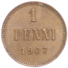 Монета 1 пенни 1907 года Русская Финляндия (аверс)