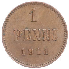Монета 1 пенни 1911 года Русская Финляндия (аверс)