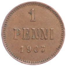 Монета 1 пенни 1907 года Русская Финляндия (аверс)