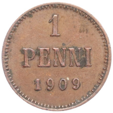 Монета 1 пенни 1909 года Русская Финляндия (аверс)