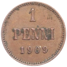 Монета 1 пенни 1909 года Русская Финляндия (аверс)