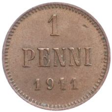 Монета 1 пенни 1911 года Русская Финляндия (аверс)