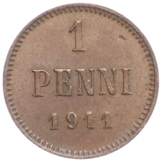 Монета 1 пенни 1911 года Русская Финляндия (аверс)
