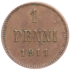 Монета 1 пенни 1911 года Русская Финляндия (аверс)