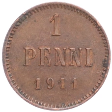 Монета 1 пенни 1911 года Русская Финляндия (аверс)