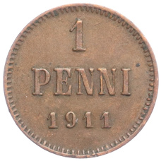 Монета 1 пенни 1911 года Русская Финляндия (аверс)