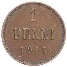 Монета 1 пенни 1911 года Русская Финляндия (аверс)