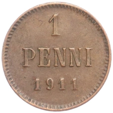 Монета 1 пенни 1911 года Русская Финляндия (аверс)