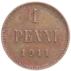 Монета 1 пенни 1911 года Русская Финляндия (аверс)