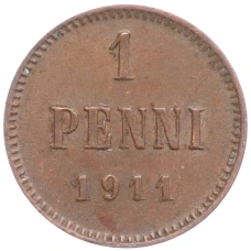 Монета 1 пенни 1911 года Русская Финляндия (аверс)