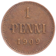 Монета 1 пенни 1909 года Русская Финляндия (аверс)