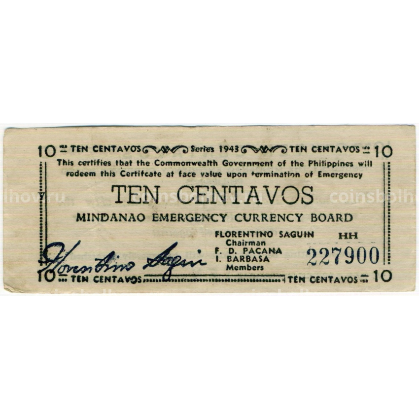 Банкнота 10 сентаво 1943 года Филиппины (Минданао, Администрация США)