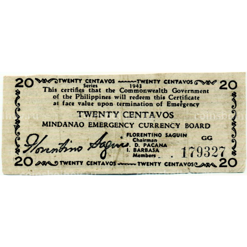 Банкнота 20 сентаво 1943 года Филиппины (Минданао, Администрация США)