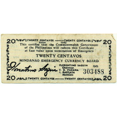 Банкнота 20 сентаво 1943 года Филиппины (Минданао, Администрация США)