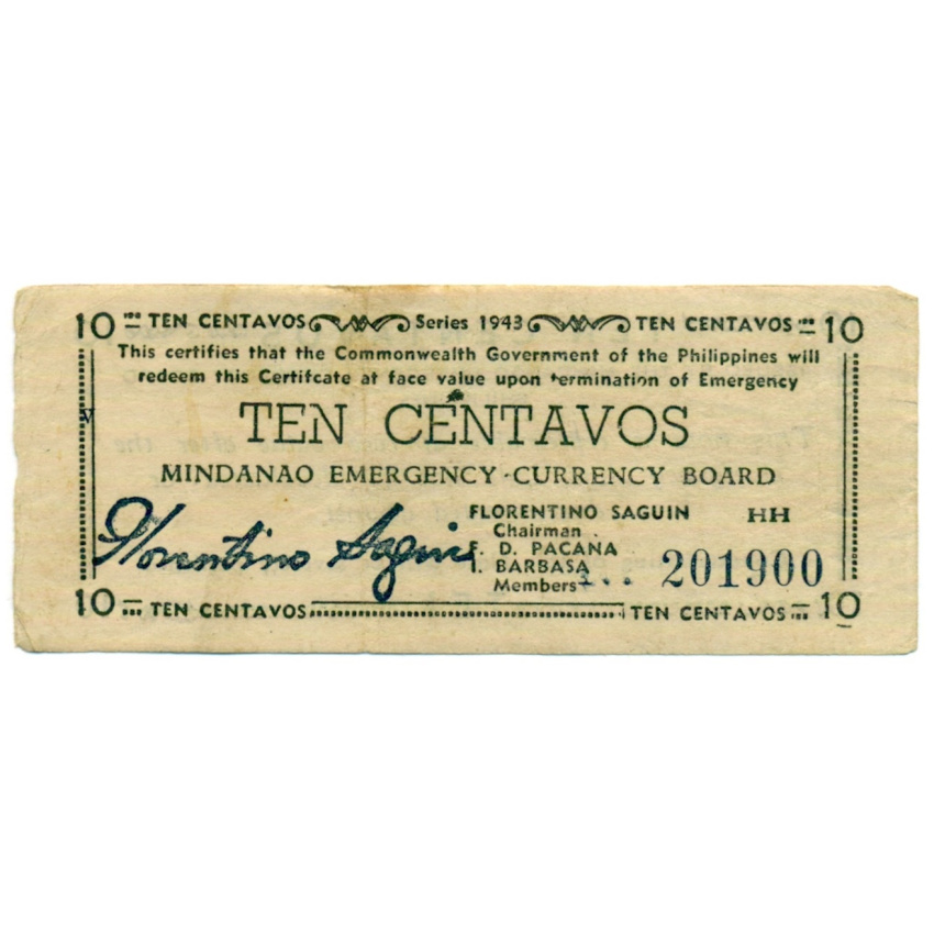 Банкнота 10 сентаво 1943 года Филиппины (Минданао, Администрация США)