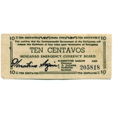 Банкнота 10 сентаво 1943 года Филиппины (Минданао, Администрация США) (аверс)