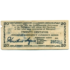 Банкнота 20 сентаво 1943 года Филиппины (Минданао, Администрация США)