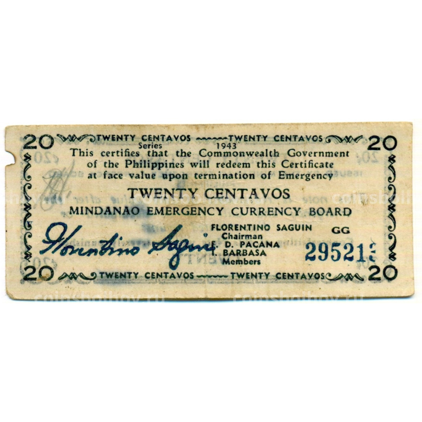 Банкнота 20 сентаво 1943 года Филиппины (Минданао, Администрация США)