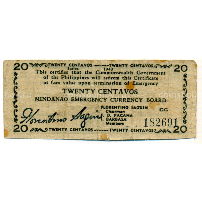 Банкнота 20 сентаво 1943 года Филиппины (Минданао, Администрация США)