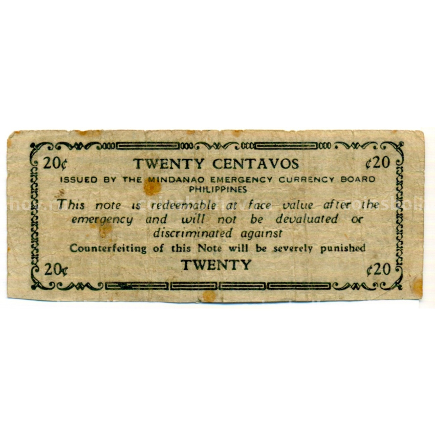 Банкнота 20 сентаво 1943 года Филиппины (Минданао, Администрация США) (вид 2)