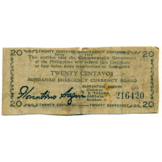Банкнота 20 сентаво 1943 года Филиппины (Минданао, Администрация США)