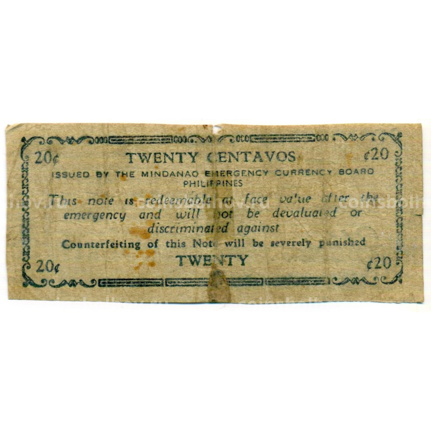Банкнота 20 сентаво 1943 года Филиппины (Минданао, Администрация США) (вид 2)